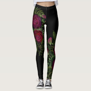 Watercolor roses, on a black background, watercolo leggings