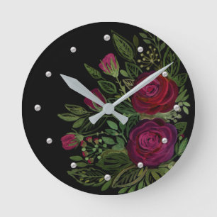 Watercolor roses, on a black background, watercolo round clock