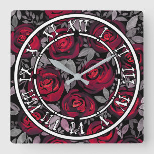 Watercolor roses on a black background, watercolo square wall clock