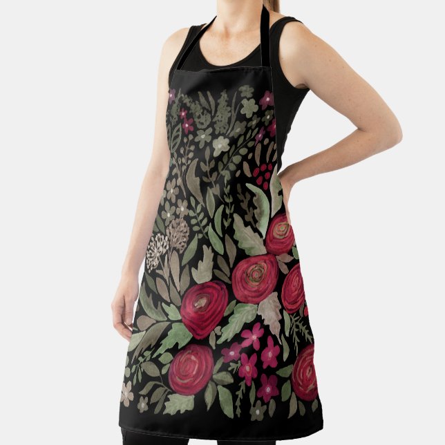 Watercolor roses on a black background, watercolor apron (Insitu)