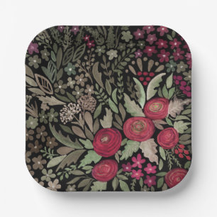 Watercolor roses on a black background, watercolor paper plate