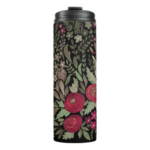Watercolor roses on a black background, watercolor thermal tumbler