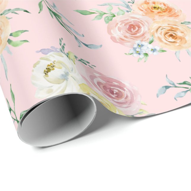 Watercolor Roses on Blush Pink Wrapping Paper (Roll Corner)