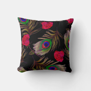 Watercolor roses, peacock feathers, decorative. cushion