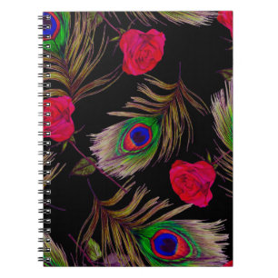 Watercolor roses, peacock feathers, decorative. notebook