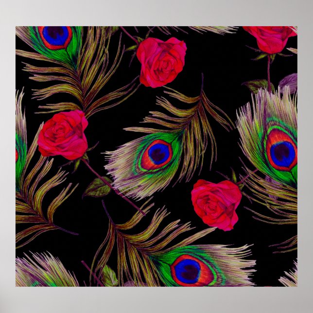 Watercolor roses, peacock feathers, decorative. poster (Front)