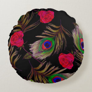 Watercolor roses, peacock feathers, decorative. round cushion