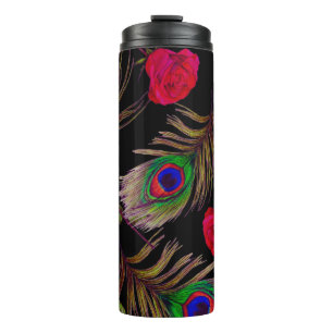 Watercolor roses, peacock feathers, decorative. thermal tumbler