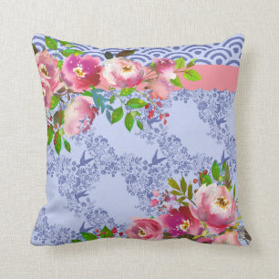 Watercolor Roses & Periwinkle Blue Throw Pillow