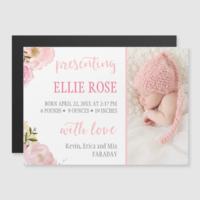 Watercolor Roses Photo Birth Announcement Magnet (Front/Back)