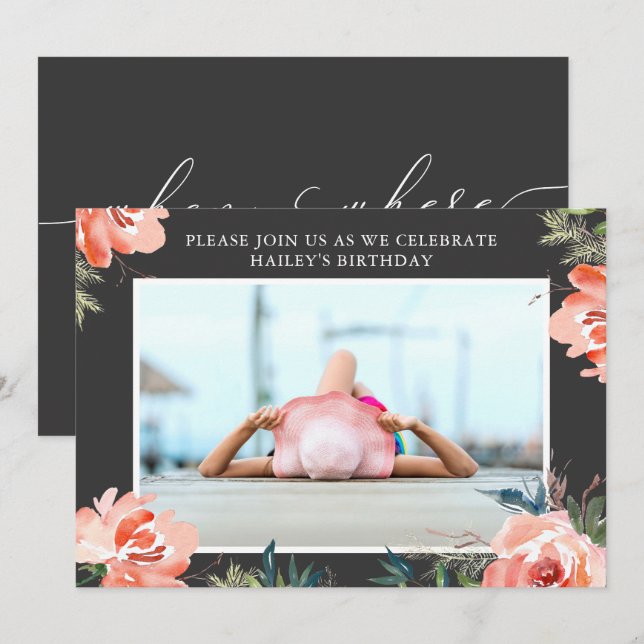 Watercolor Roses Photo Birthday Party Invitation (Front/Back)