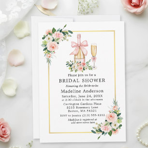 Watercolor Roses Pink Bow Bridal Shower Invitation