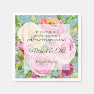 Watercolor Roses Pink Cream Aqua Glitter Wedding Napkin