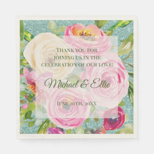 Watercolor Roses Pink Cream Aqua Glitter Wedding Napkin