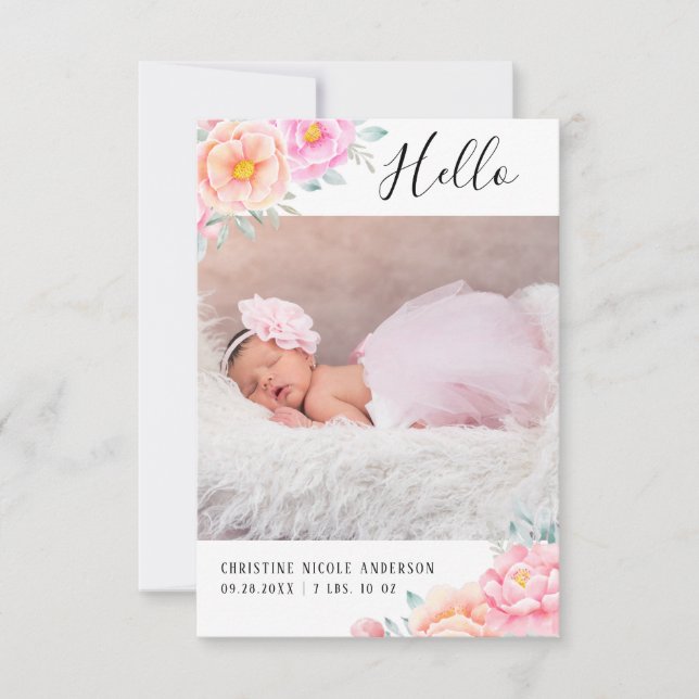 Watercolor Roses Pink Floral Baby Girl Photo Announcement (Front)