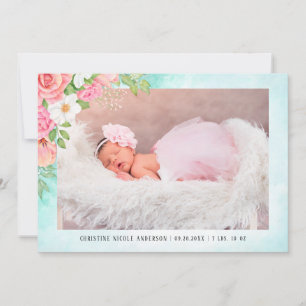 Watercolor Roses Pink Floral Baby Girl Photo Announcement