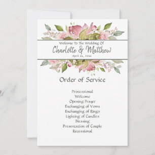 Watercolor Roses Pink Floral Ceremony Service Card