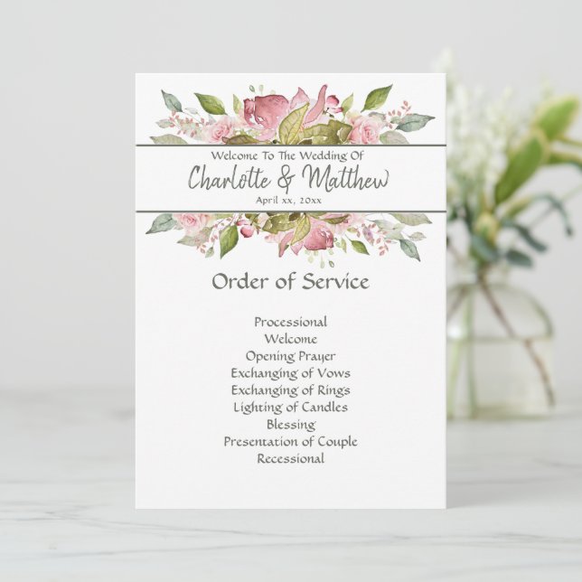 Watercolor Roses Pink Floral Ceremony Service Card (Standing Front)