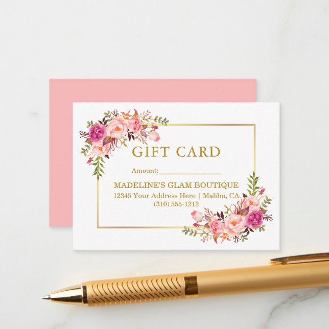 Watercolor Roses Pink Floral Gold Gift Card (Front/Back In Situ)