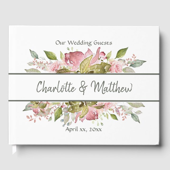 Watercolor Roses Pink Floral Guest Book (Front)