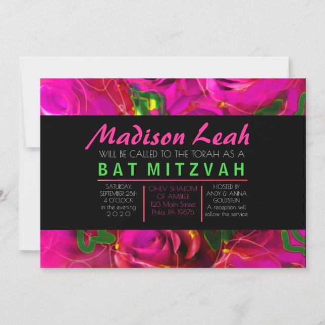 WATERCOLOR ROSES PINK NEON Bat Mitzvah Invitation (Front)