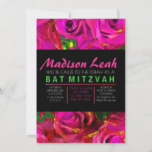 WATERCOLOR ROSES PINK NEON Bat Mitzvah Invitation