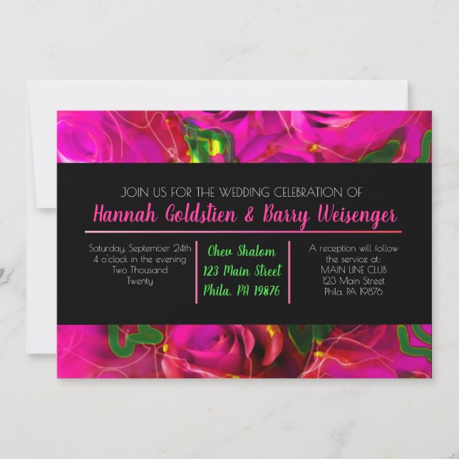 WATERCOLOR ROSES PINK NEON Wedding Invitation (Front)