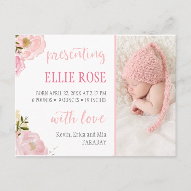 Watercolor Roses Pink Photo Birth Announcements (Front)