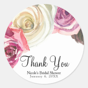 Watercolor Roses Pink & White Chic Bridal Shower Classic Round Sticker