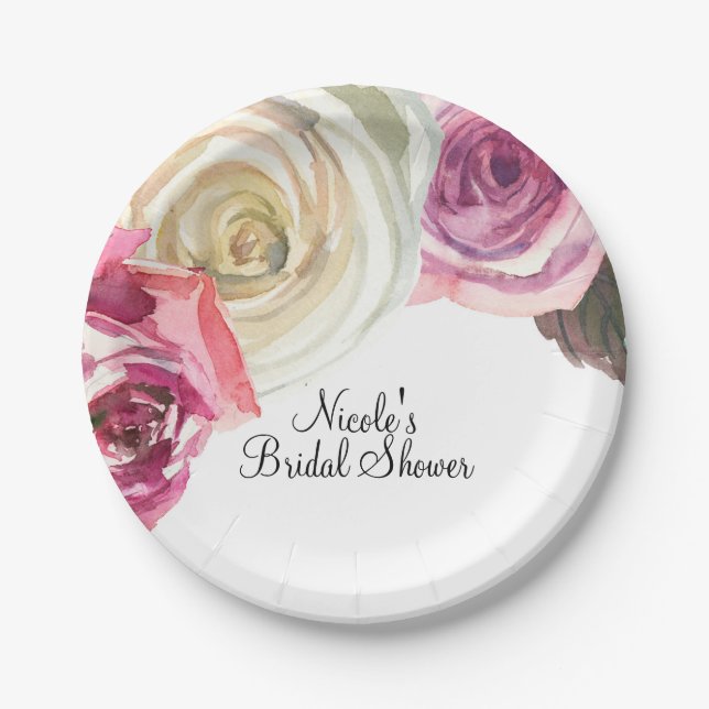 Watercolor Roses Pink & White Chic Bridal Shower Paper Plate (Front)
