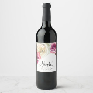 Watercolor Roses Pink & White Chic Bridal Shower Wine Label