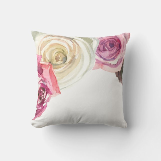 Watercolor Roses Pink & White Floral Glam Cushion (Front)