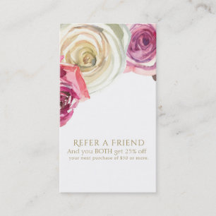 Watercolor Roses Pink White Floral Refer a Friend Referral Card