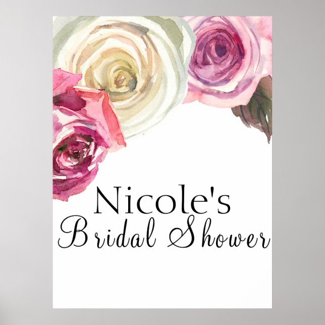 Watercolor Roses Pink & White Floral Welcome Poster (Front)