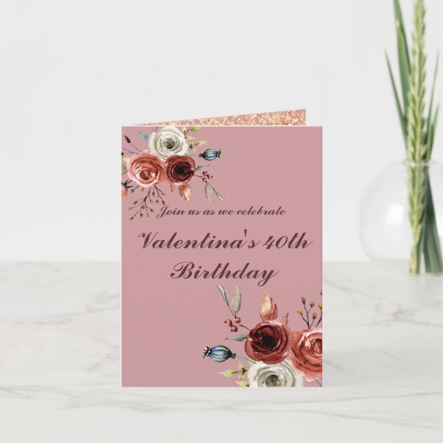 Watercolor Roses Pinkish Floral 40th Birthday Invitation (Front)