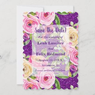 Watercolor Roses Purple Glitter Save the Date Invitation