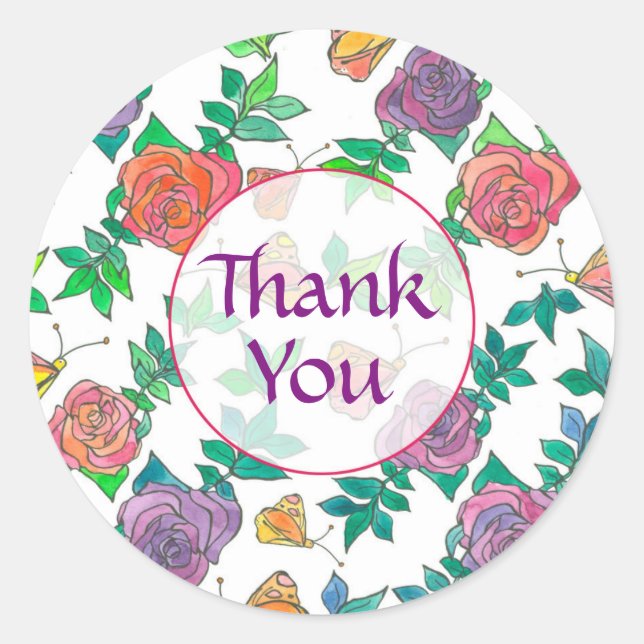 Watercolor Roses Purple Mauve Thank You Classic Round Sticker (Front)