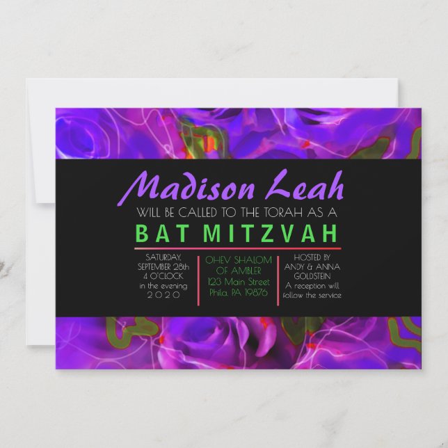 WATERCOLOR ROSES PURPLE NEON Bat Mitzvah Invitation (Front)