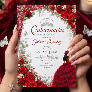 Watercolor Roses Red and Silver Red Quinceañera Invitation