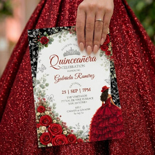 Watercolor Roses Red and Silver Red Quinceañera Invitation