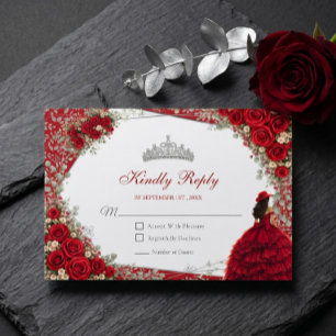 Watercolor Roses Red and Silver Red Quinceañera RSVP Card