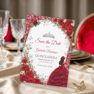 Watercolor Roses Red and Silver Red Quinceañera Save The Date