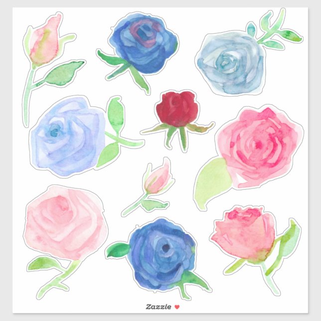 Watercolor Roses Red Blue Pink Grey (Sheet)