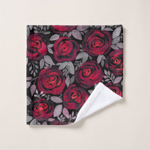 Watercolor roses, red roses on black bath towel set