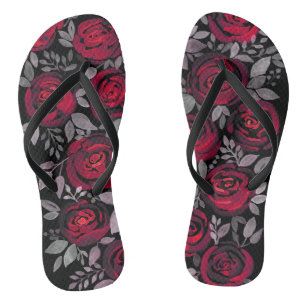 Watercolor roses, red roses on black flip flops