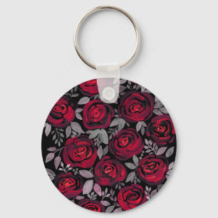 Watercolor roses, red roses on black key ring
