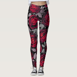 Watercolor roses, red roses on black leggings