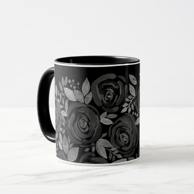Watercolor roses, red roses on black mug (Front Left)
