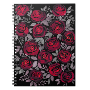 Watercolor roses, red roses on black notebook