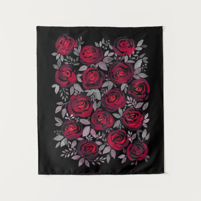 Watercolor roses, red roses on black tapestry (Front)
